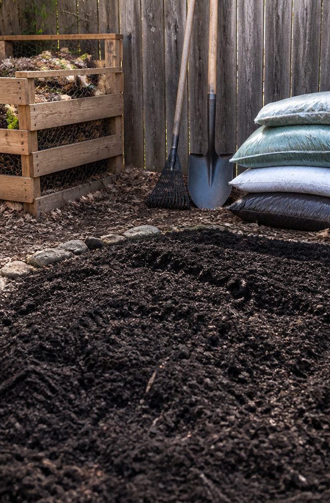 13 Backyard Landscape Ideas on a Budget That Actually Work 1 Garden bed filled with dark soil and bags of soil amendments.