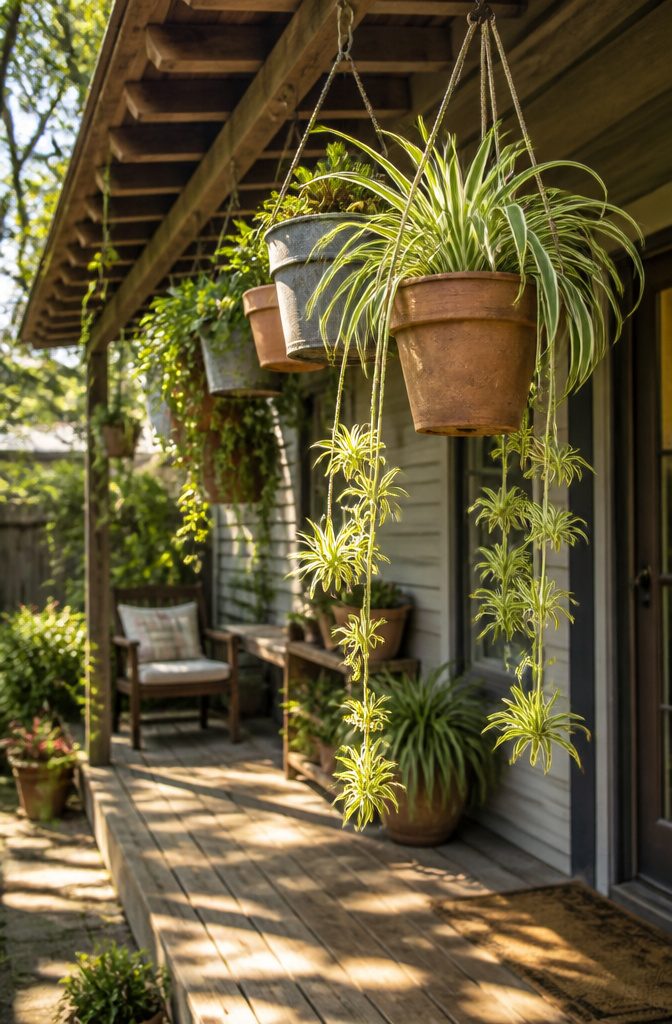 13 Backyard Landscape Ideas on a Budget That Actually Work 10 Plants in hanging containers suspended from a structure.