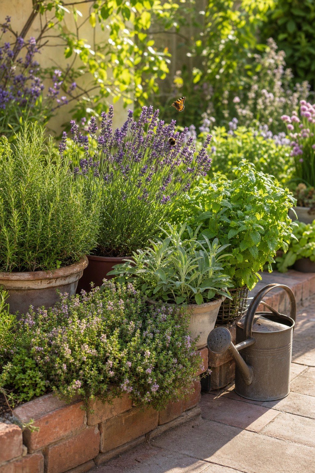 9 Backyard Vegetable Gardens for Any Space 3 Various green herbs growing in terracotta pots on a sunny stone patio with a watering can.
