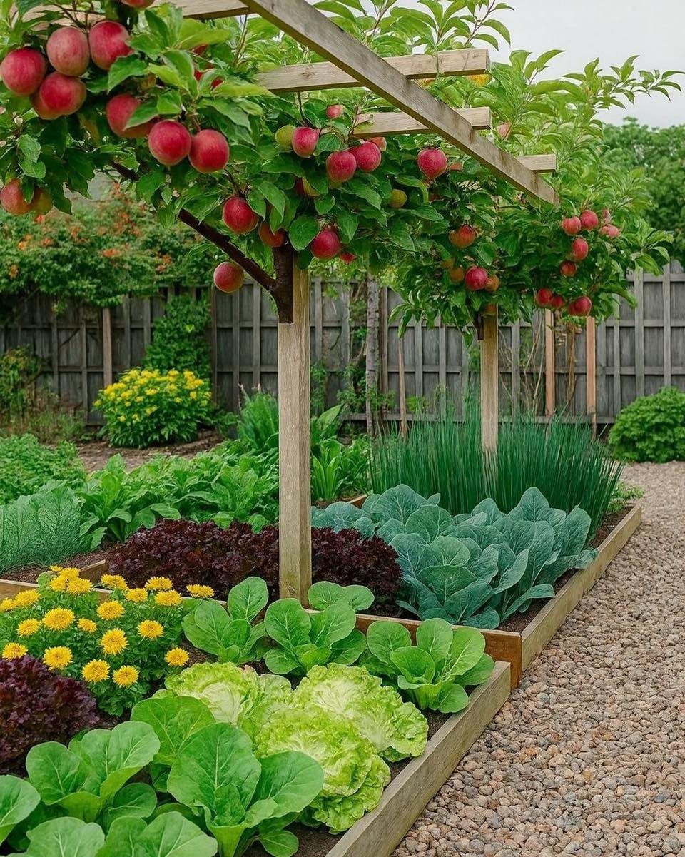 9 Backyard Vegetable Gardens for Any Space 1 A wooden raised garden bed overflowing with various green and red leafy vegetables under an apple tree.