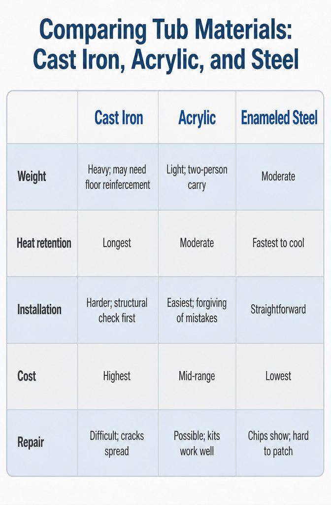 A comparison of cast iron, acrylic, and enameled steel tub materials.