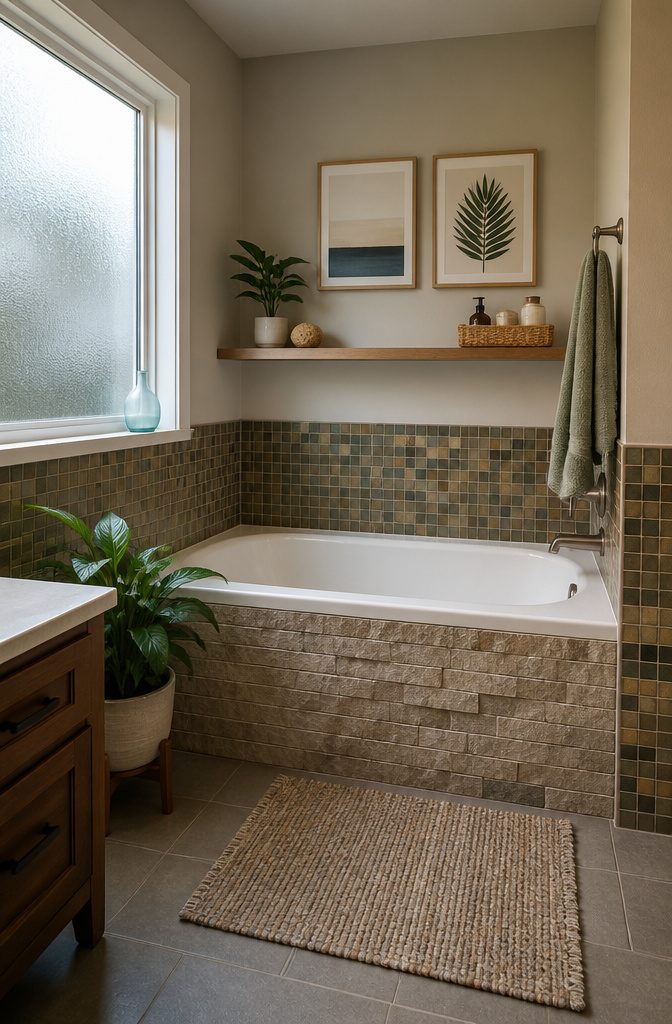An alcove tub surrounded by textured stone and mosaic tiles in a bathroom.