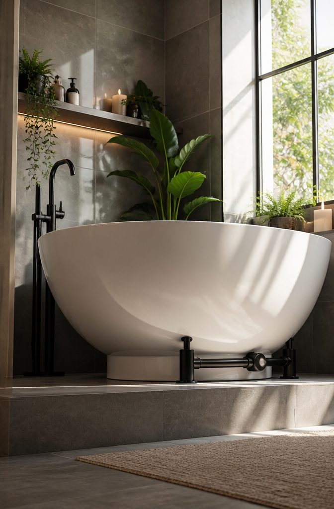A bowl-shaped tub elevated above the floor in a stylish bathroom design.