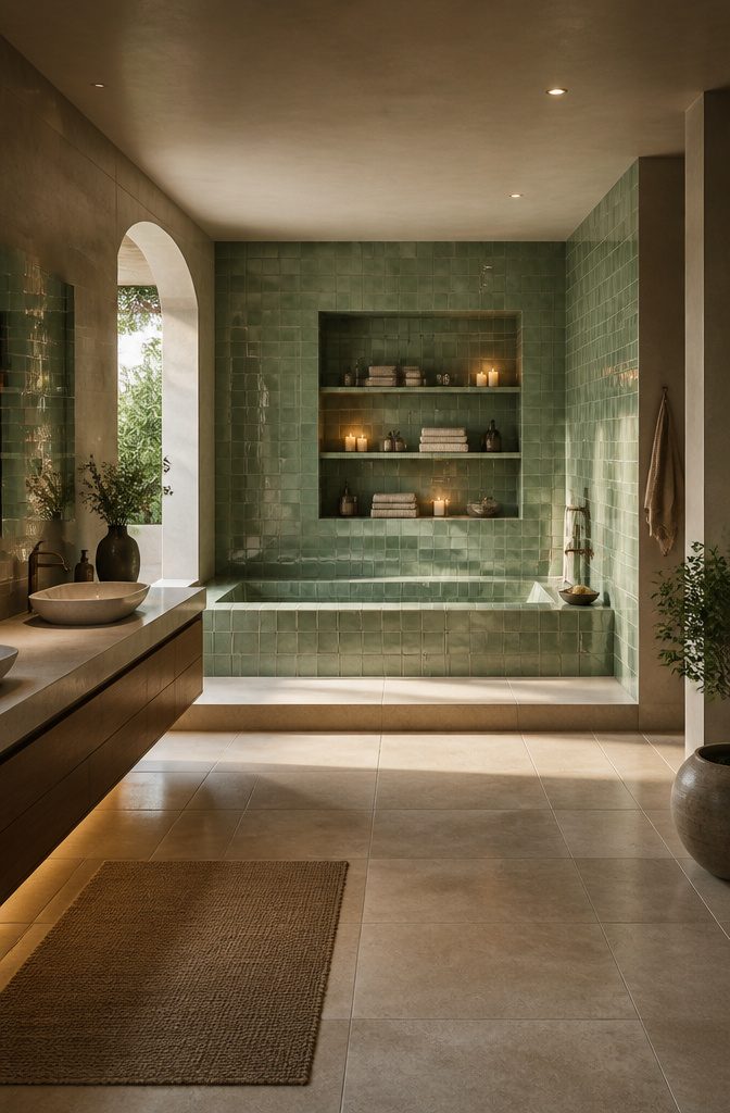 A built-in tub framed with Moroccan zellige tile in an elegant bathroom.