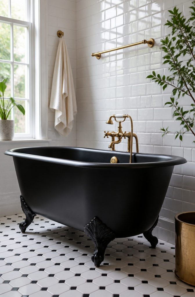 A clawfoot tub with black exterior and white interior in a stylish bathroom.