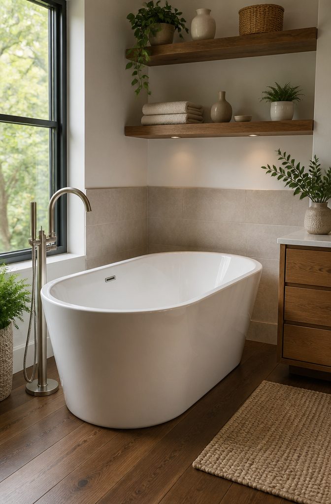 A deep soaking tub in a refined bathroom with natural light and wood flooring.