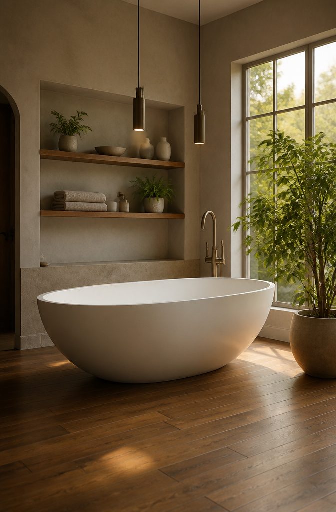 An oval egg-shaped tub in a bathroom with straight lines and tiles.