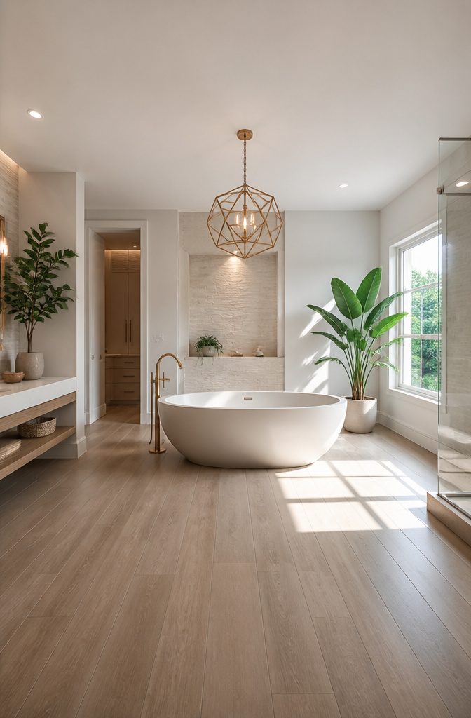 A contemporary freestanding tub positioned in a well-lit bathroom space.