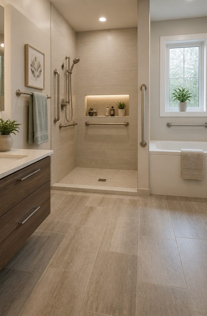A bathroom with grab bars and a low threshold for easy access.