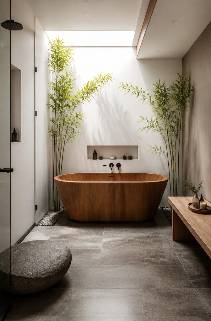 A wooden Japanese soaking tub surrounded by bamboo plants in a minimalist bathroom.