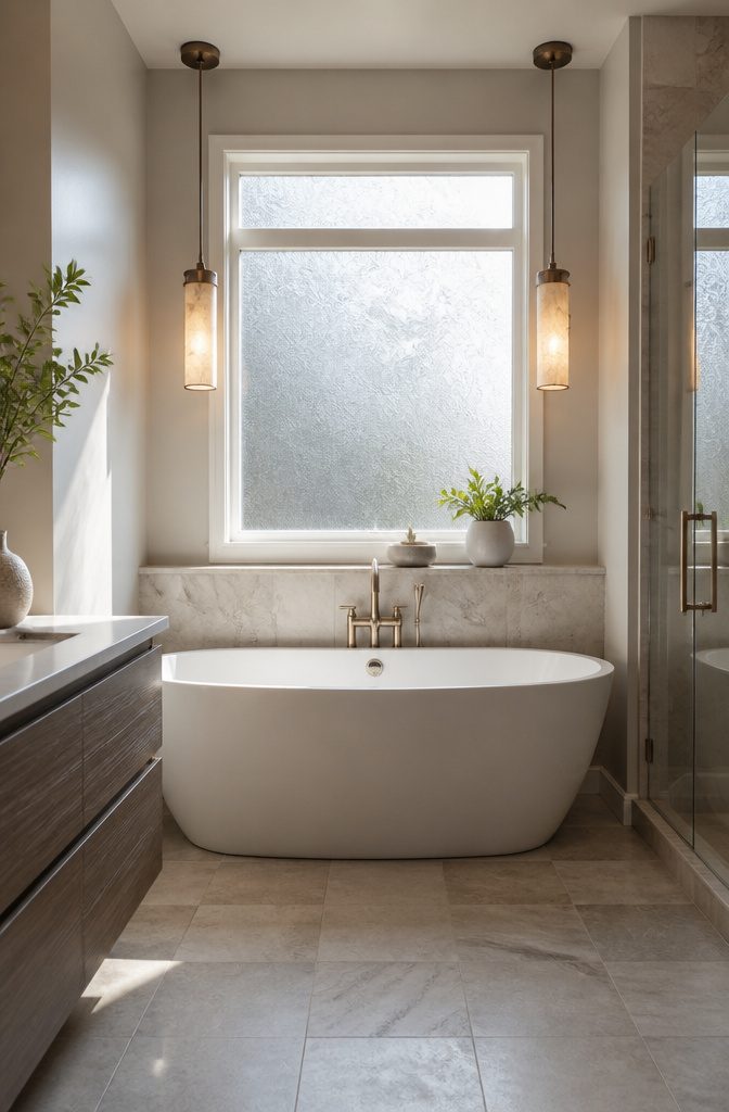 A bathtub under a high window with ambient lighting in a stylish bathroom.