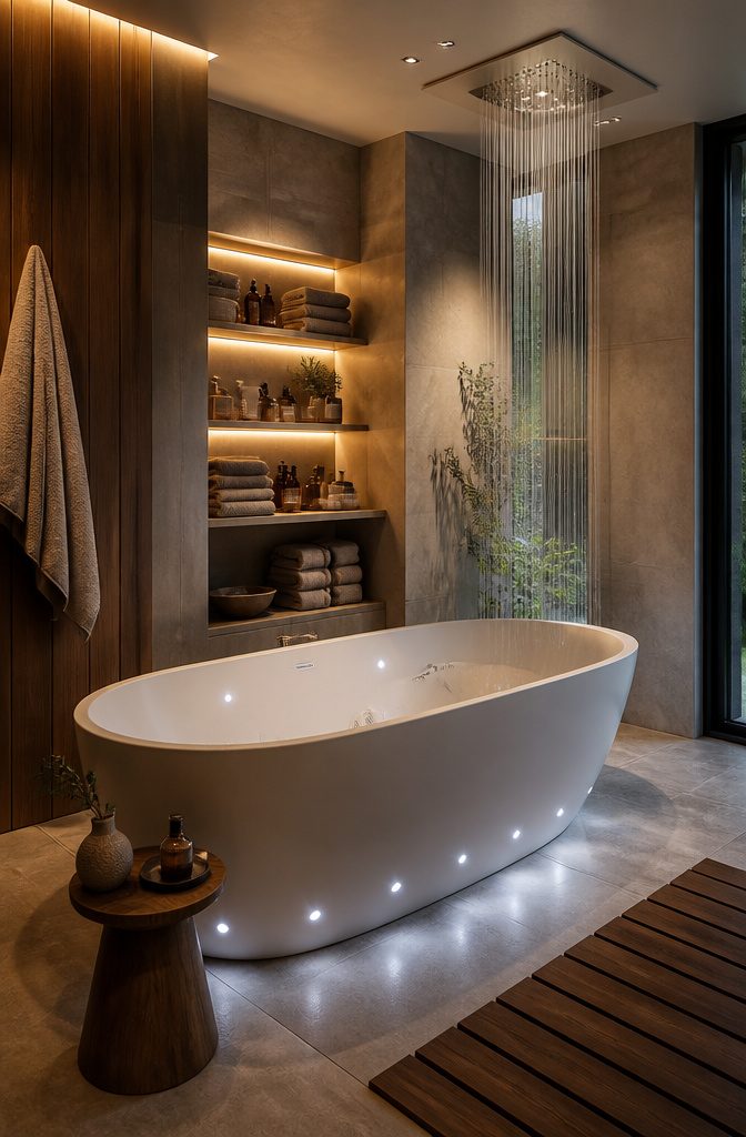 A spa-inspired tub with soothing jets and ambient lighting in a serene bathroom.