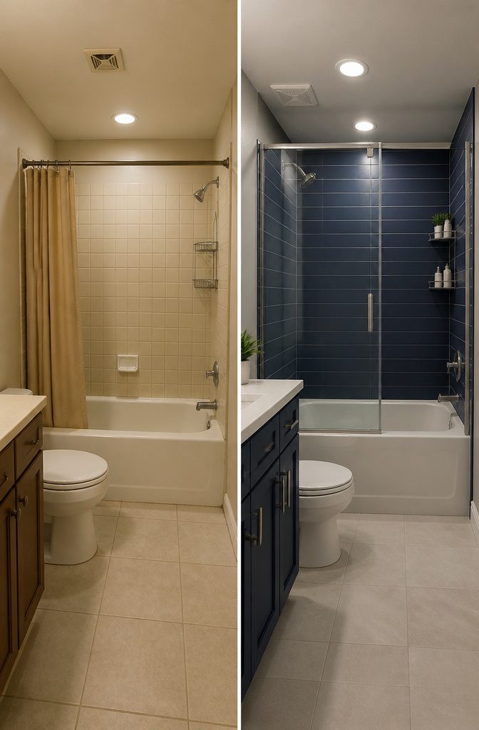 A small bathroom featuring a compact tub-shower combo installation.