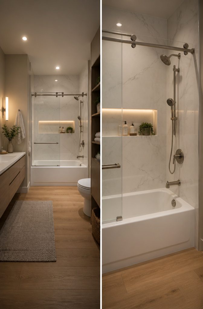 A tub-shower combo with glass doors and modern fixtures in a small bathroom.