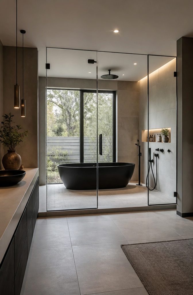 A freestanding tub located within a walk-in shower enclosure in a bathroom.