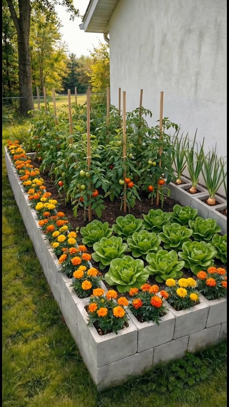 A concrete block raised garden bed filled with lettuce, tomatoes, onions, and colorful marigolds.