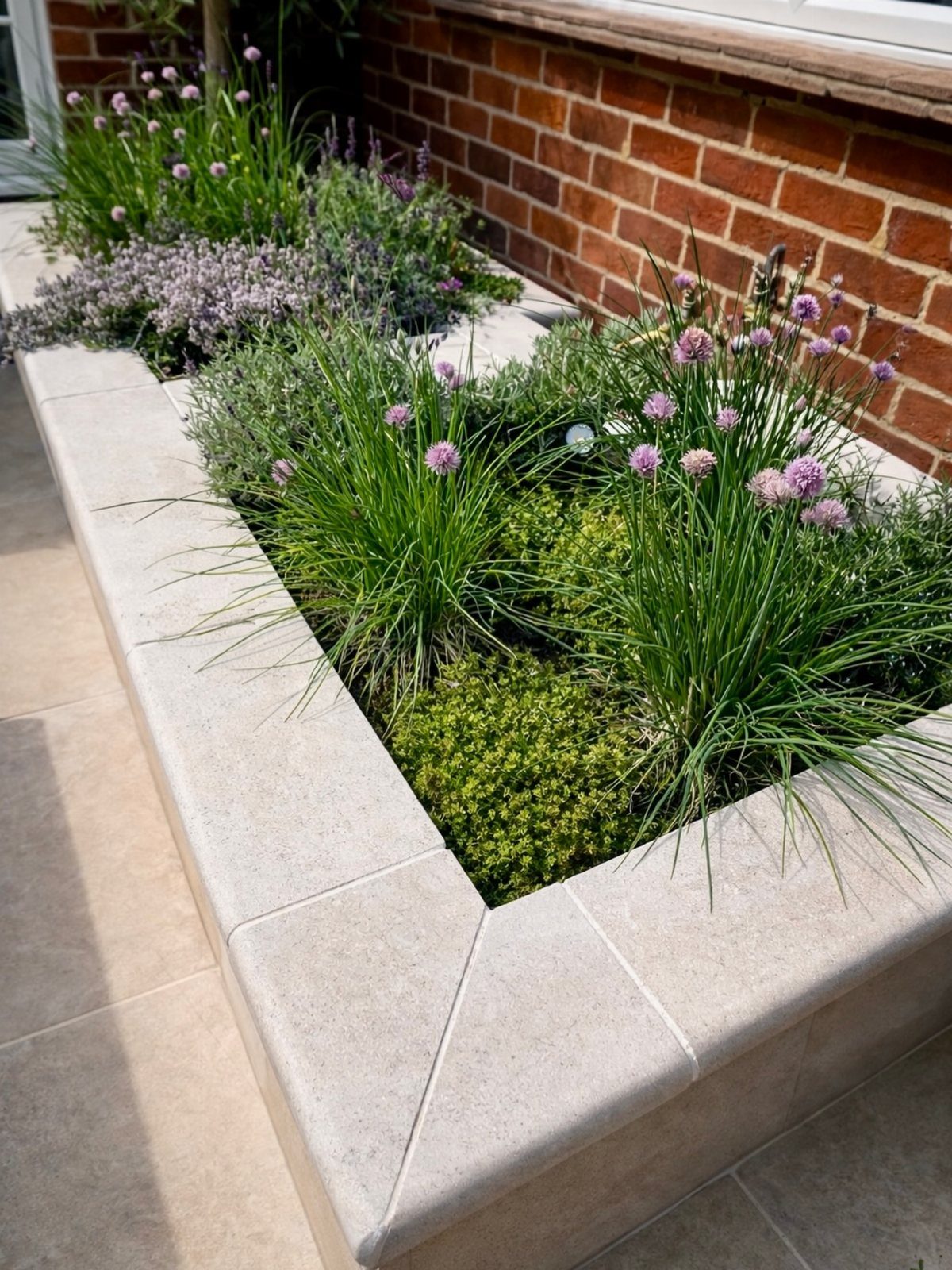 Stone raised garden bed containing green plants and purple flowers next to a brick wall.