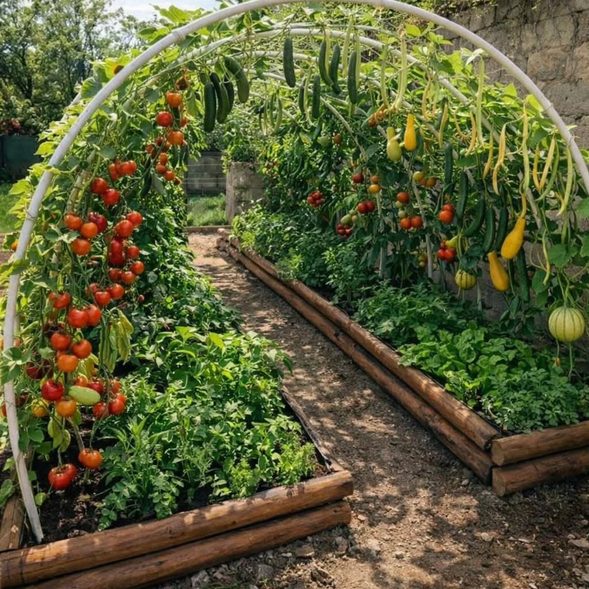 Wooden raised garden beds with white arched trellises supporting growing tomato and cucumber plants.