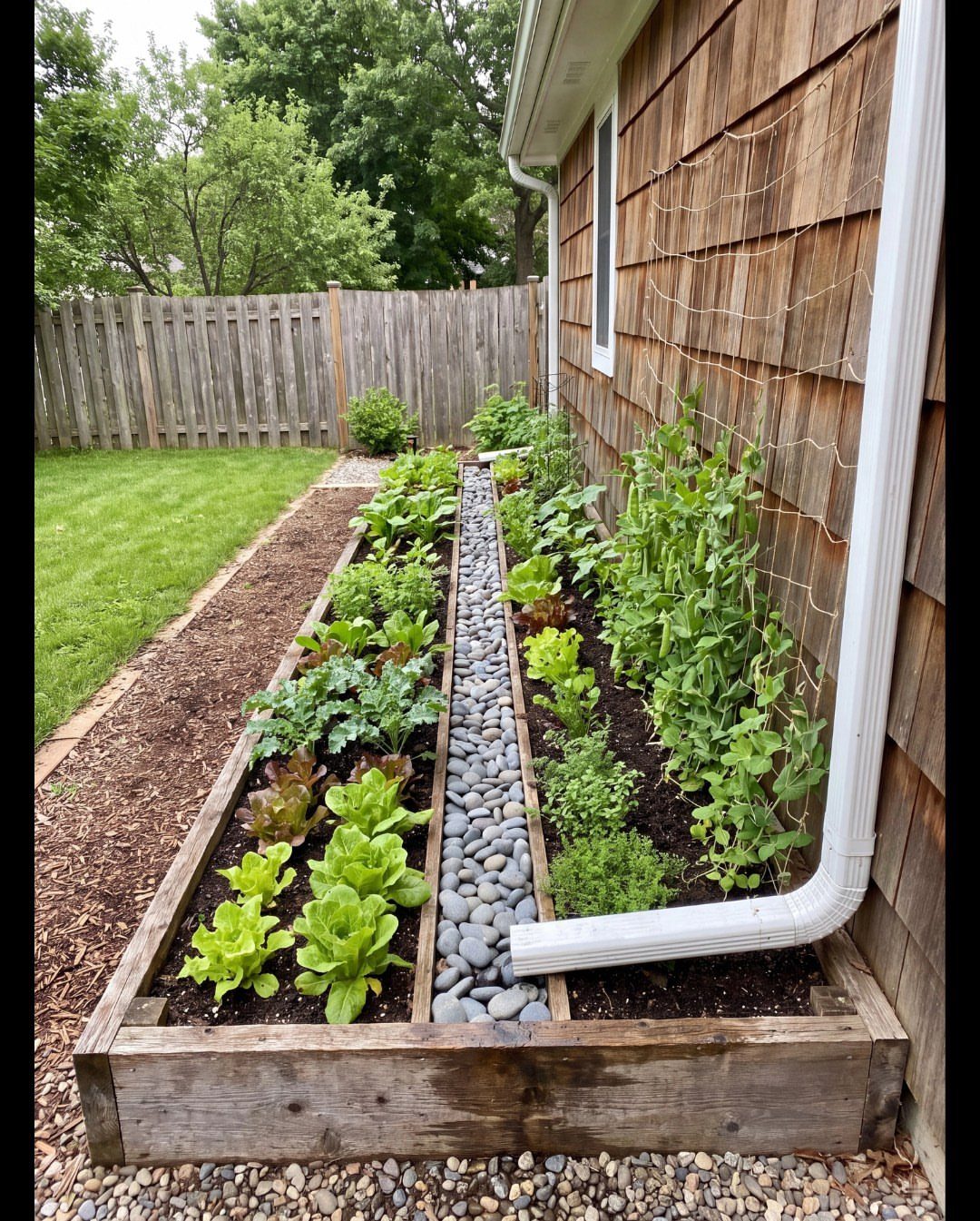 A long wooden raised garden bed containing green leafy vegetables and a central row of river stones.