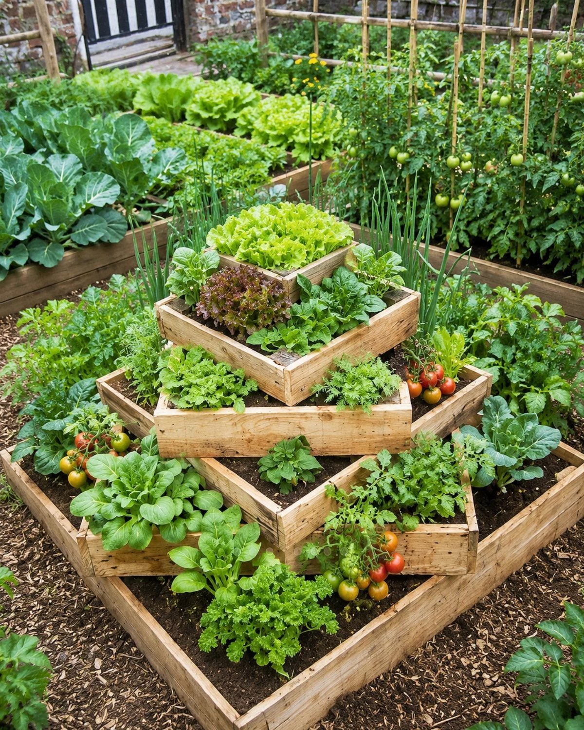 Tiered wooden planter boxes stacked in a pyramid shape filled with lush green vegetables and tomatoes.