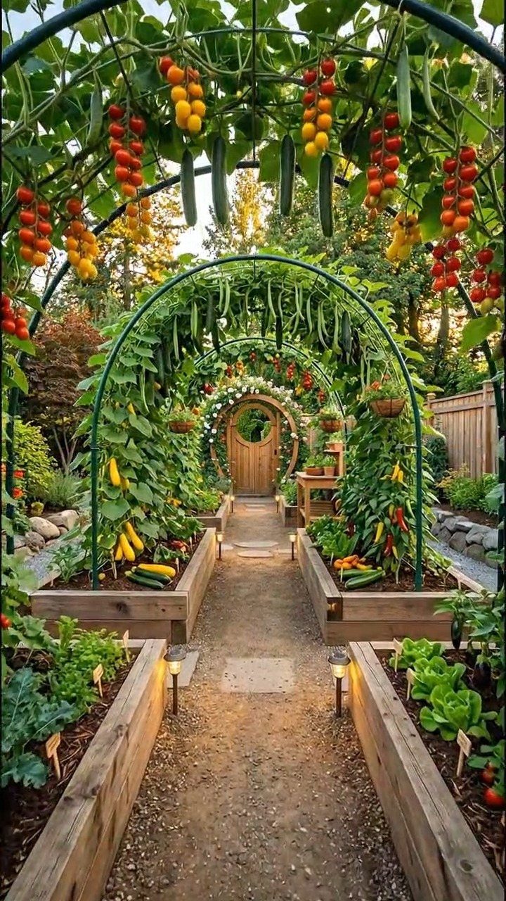 Wooden raised garden beds filled with vegetables under green climbing plant arches along a garden path.