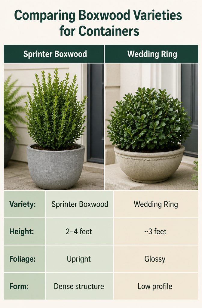 Different boxwood varieties displayed for container gardening.