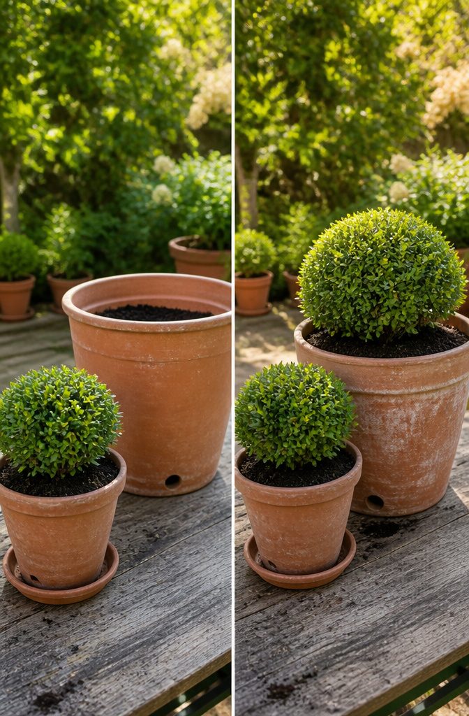Various containers for planting boxwood, including terracotta and concrete.