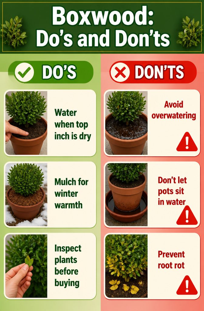 Illustration of boxwood problems such as root rot and winter burn.