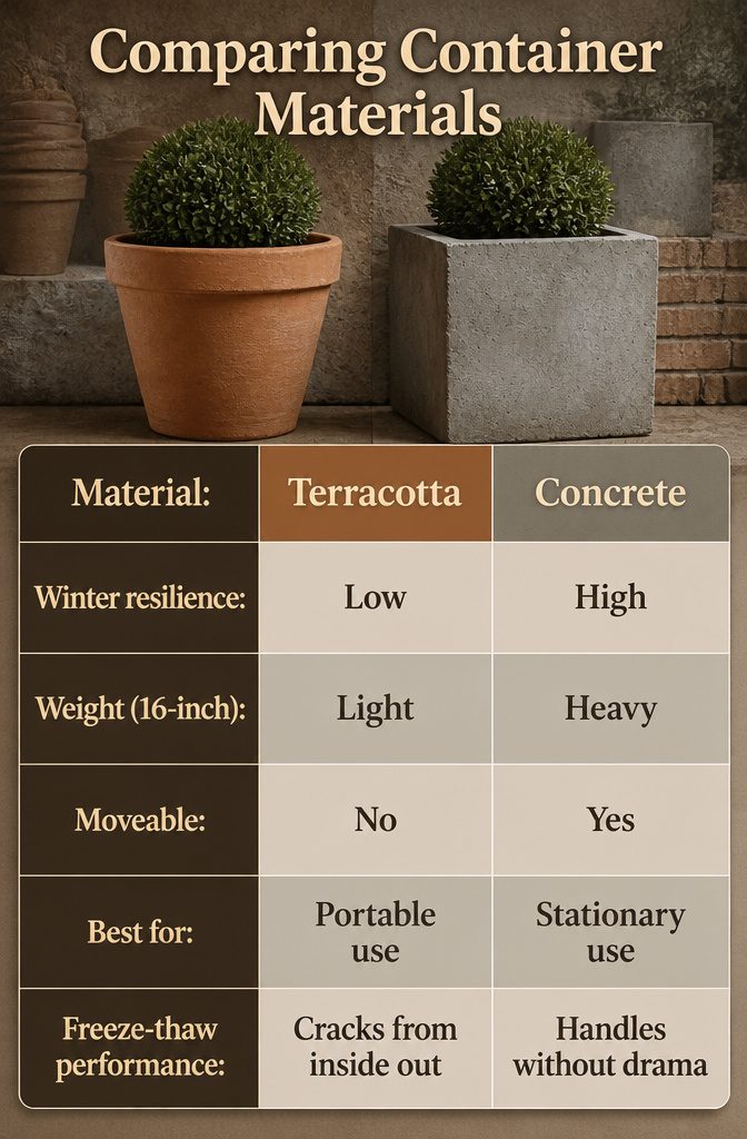Side-by-side comparison of terracotta, concrete, and resin containers.