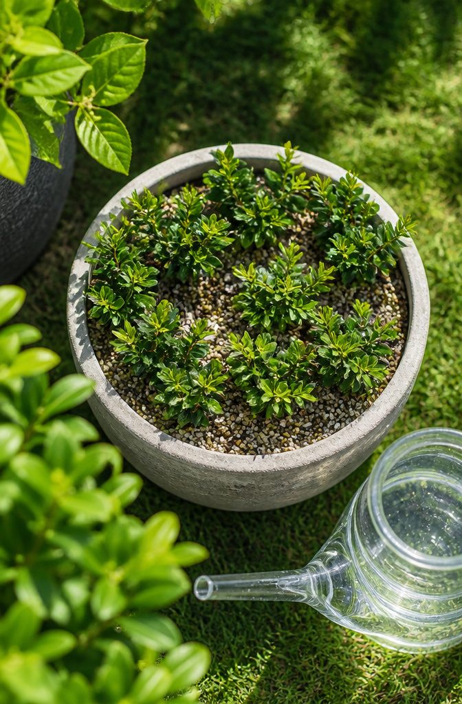 Granular fertilizer on top of soil in a boxwood container.