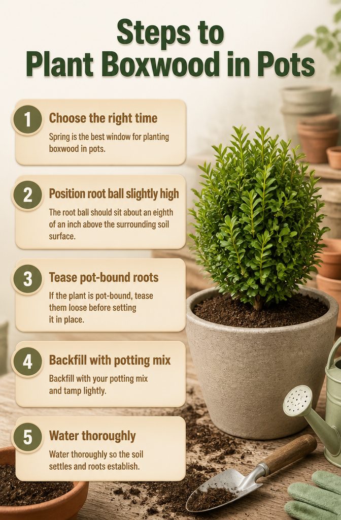 Illustration of planting boxwood, showing the root ball slightly above soil.