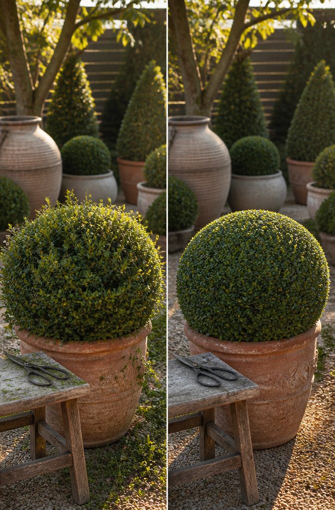 Gardener pruning a boxwood plant in a pot, focusing on selective branches.