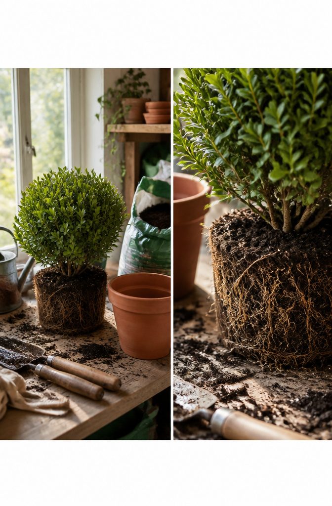 Gardener loosening roots of a boxwood plant during repotting.