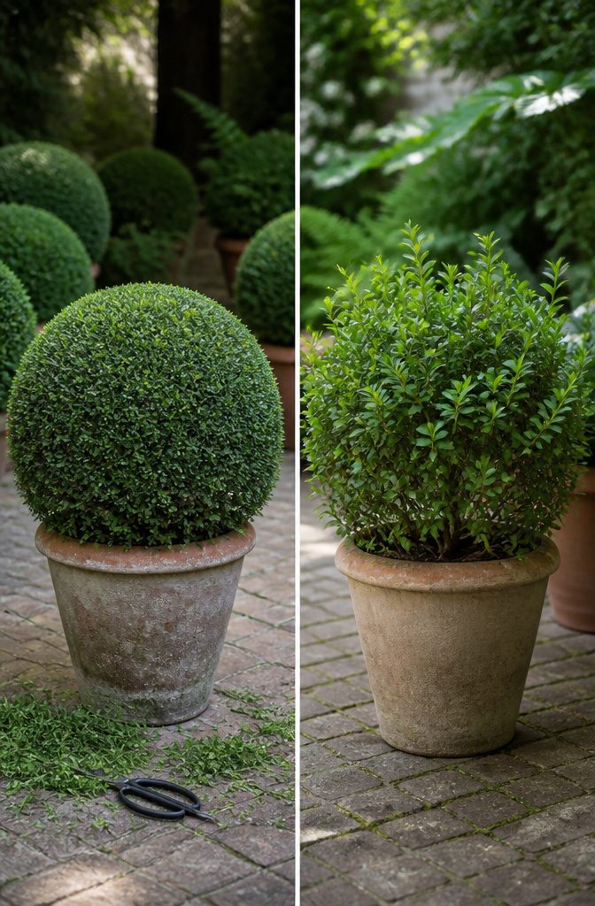 Comparison of shearing and thinning techniques on boxwood plants.
