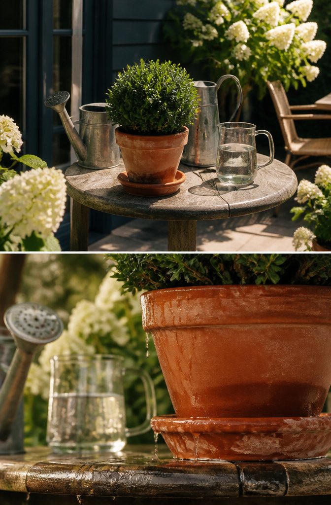 Watering a boxwood in a container, demonstrating the drip test for moisture.