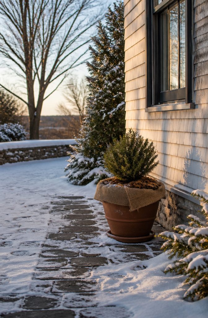 Boxwood in a pot, sheltered against winter winds and frost.