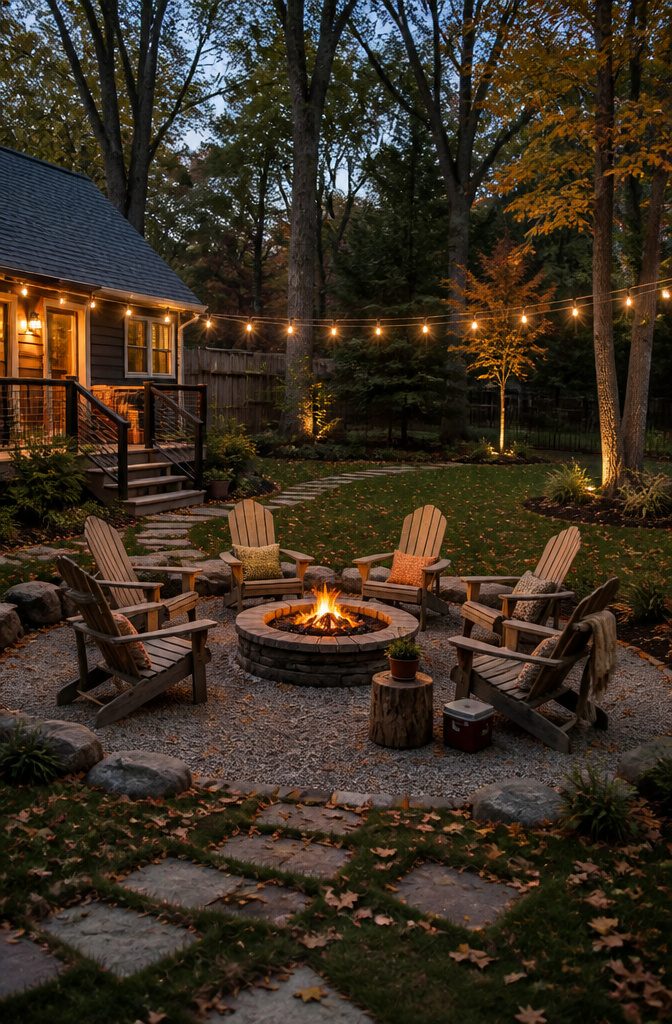 A circle of Adirondack chairs arranged around a fire pit.