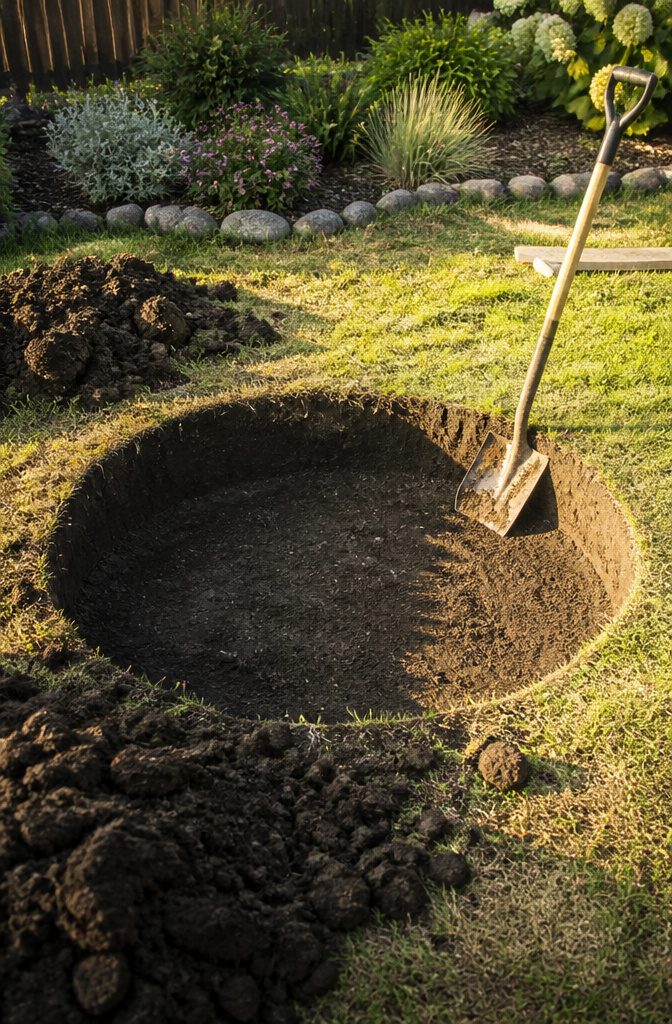 A hole dug in the ground for a fire pit with straight walls.