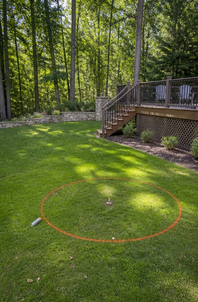 A circle marked with spray paint on grass for a fire pit.