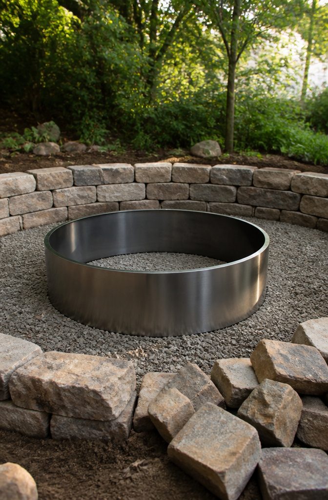 A metal ring placed inside a fire pit structure.