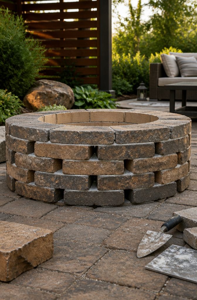 Pavers stacked with adhesive in a fire pit wall construction.