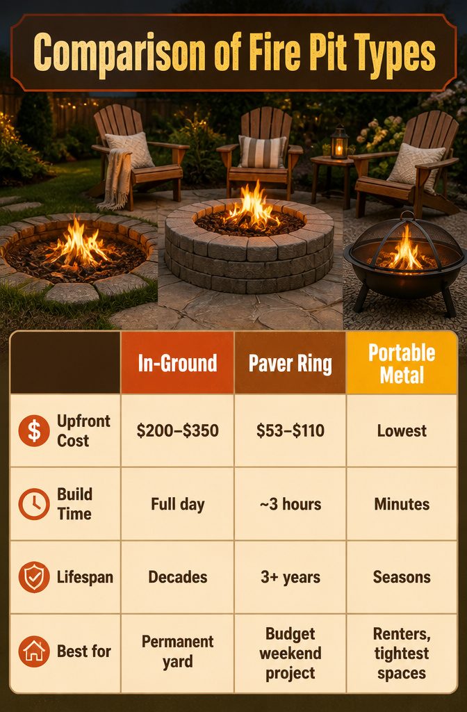 A comparison chart of various fire pit types and their features.