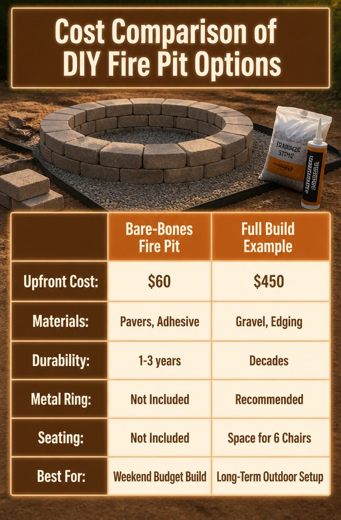 A cost comparison chart for DIY fire pit options.
