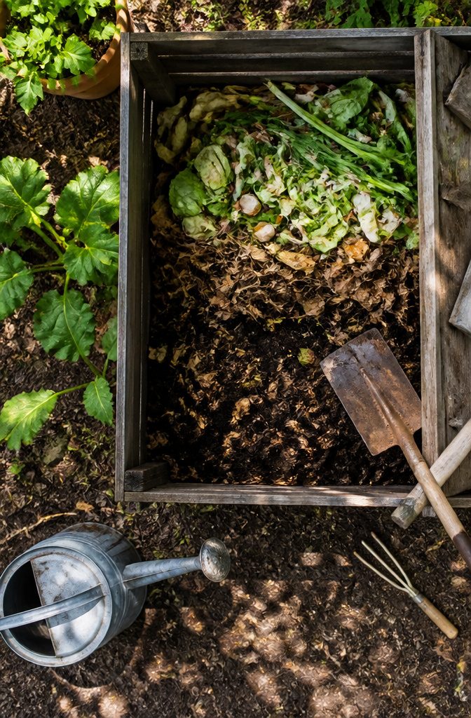 A compost pile with layers of brown and green materials.