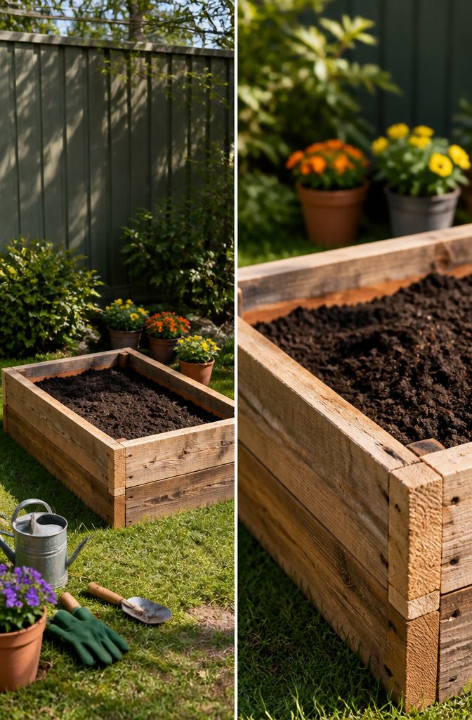 A raised garden bed constructed from wood, filled with soil.