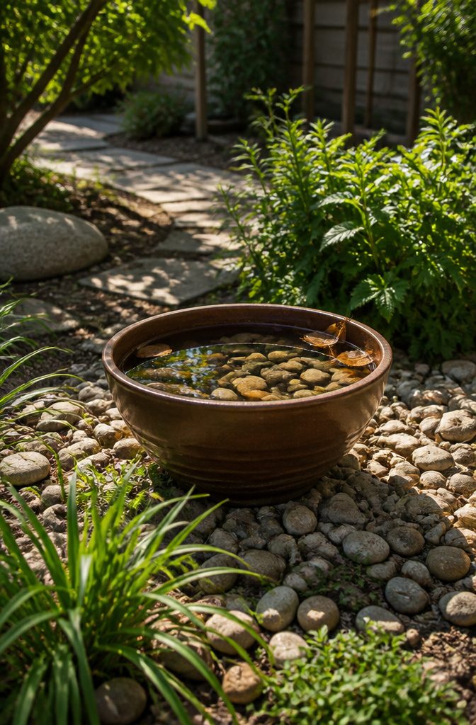 A ceramic pot bird bath surrounded by pebbles and plants.