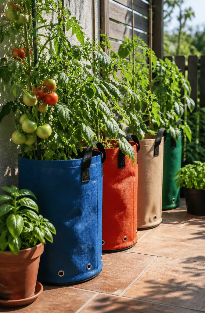 A row of fabric grow bags filled with plants on a patio.
