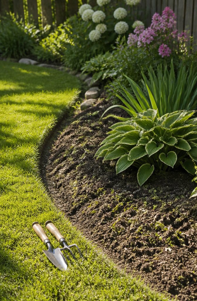 A well-maintained garden with trimmed grass and tools nearby.