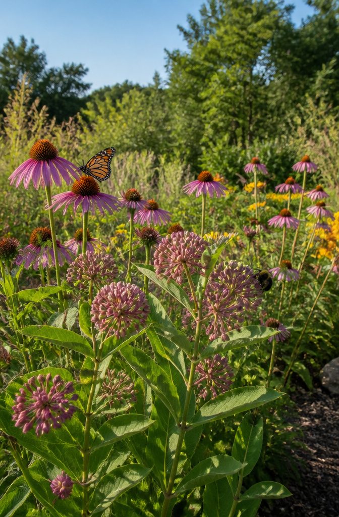 A variety of native plants growing in a garden setting.