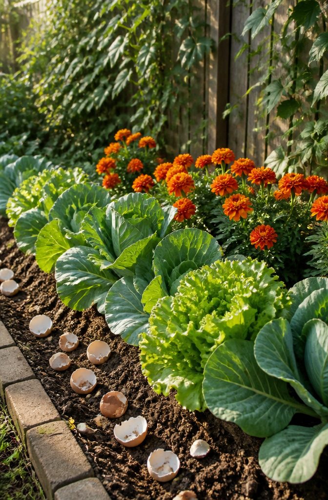 A garden with various plants showing signs of pest control methods.